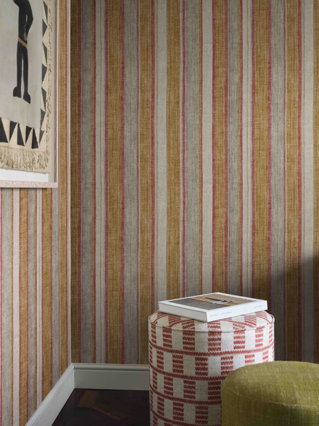 FERMOIE AUTUMN 25 WALLPAPER YELLOW CARSKIEY BROAD STRIPE WPCARS 009 CYLINDER STOOL COVE 004 STOOL N 122 LIFESTYLE MED
