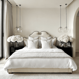 Seraphina Vanilla Velvet Statement Curved Bed with Black Piping Detail