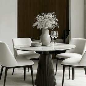 Rezina Matt Black Ribbed Round Dining Table with Taupe Marble Top