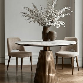 Rezina Antique Bronze Ribbed Round Dining Table with Taupe Marble Top