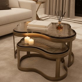 Emeric Antique Brass Nested Coffee Table with Glass Top