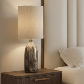 Mireya Neutral Glass Marble Effect Table Lamp with Linen Shade