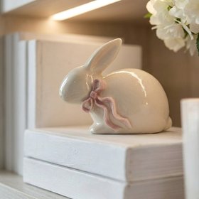 White Easter Bunny Ceramic Ornament with Pink Bow