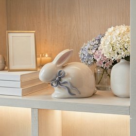 White Easter Bunny Ceramic Ornament with Blue Bow