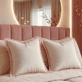 Scarlett Off White Textured Cushion with Pink Fringing Detail - 56x56cm