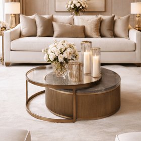 Sovana Antique Brass Nesting Coffee Tables with Grey Marble and Glass Top