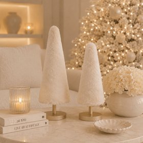 Decorative Faux Fur Cream Christmas Tree Ornament - Set of 2