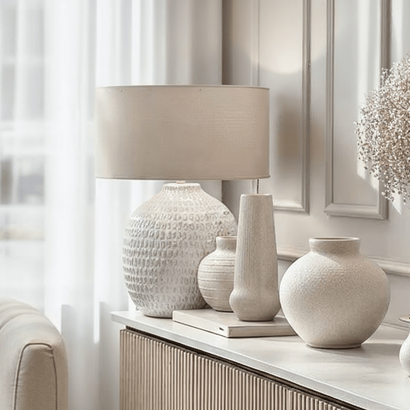 Ola Natural Ceramic Linear Patterned Table Lamp