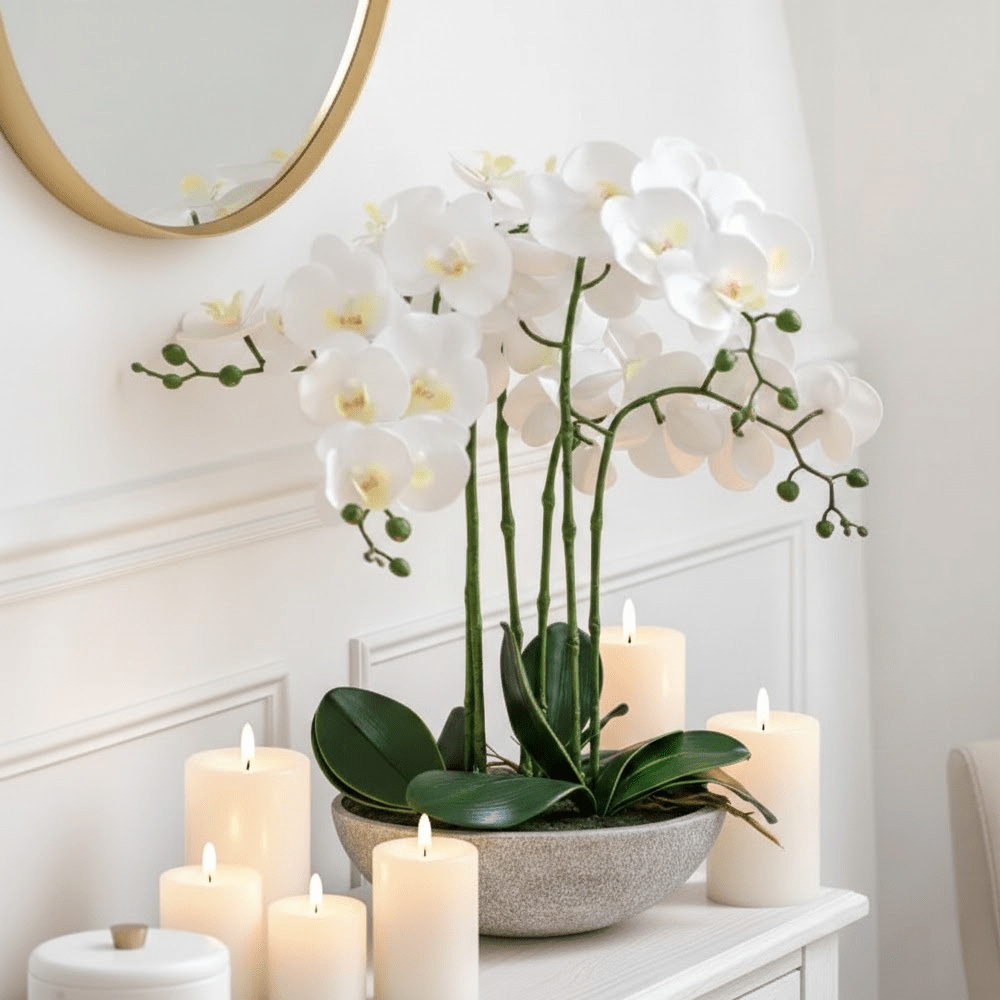 Oversized Faux Orchid in White Cement Effect Pot
