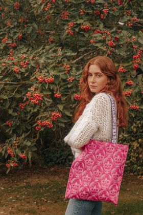 Fuchsia Pink Skull Print Cotton Shopper Tote Bag by Xander Kostroma