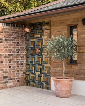 Ca' Pietra Stone Glaze Atlantic, Petrol And Lemongrass With Maroc Khaki Exterior Shower & Buscot T&E Paving