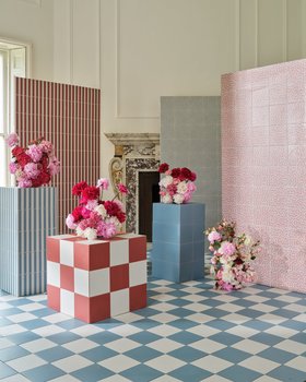 Sanderson X Ca' Pietra   Pinetum Stripe, Truffle, Plain Madder & Dove Blue With Plain Orchid White