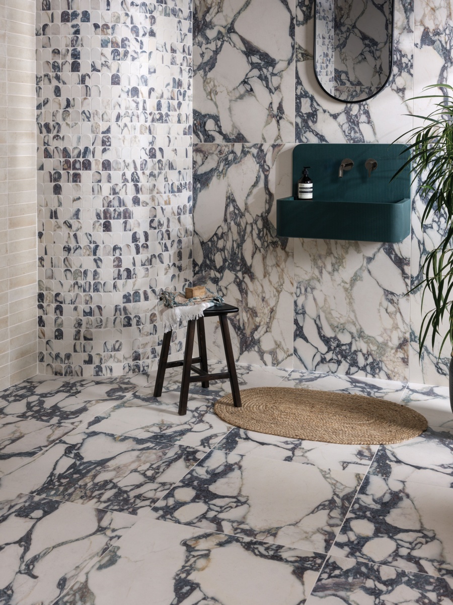 Ca' Pietra Savoy Novo Porcelain, Arch Mosaic & Foundry Novo Porcelain Linen