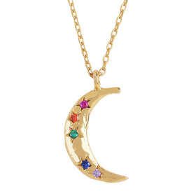 Rainbow Crystal Crescent Moon Pendant Necklace in Gold