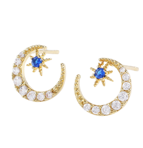 Clear and Blue Crystal Moon Stud Earrings in Gold