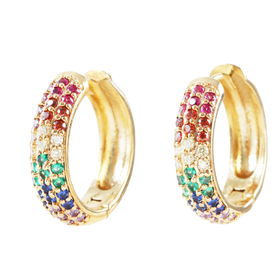 Wide Rainbow Crystal Hoop Earrings in Gold