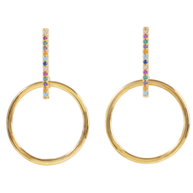 Rainbow Crystal Bar and Ring Drop Earrings in Gold