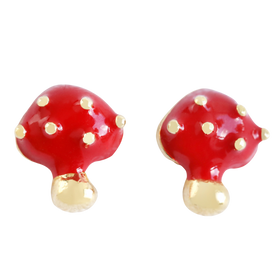 Red Enamel Mushroom Stud Earrings in Gold