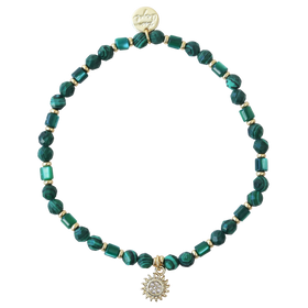 Green Semi-Precious Beaded Bracelet with Sun Charm in Gold