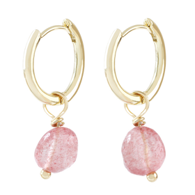 Strawberry Quartz Stone Hoop Earrings in Gold