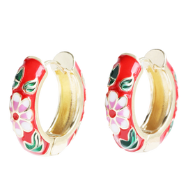 Red Cloisonné Hoop Earrings in Gold