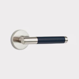 Brass Lever Door Handle in Silver and Blue Leather
