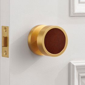 Brass & Leather Mortice Door Knobs - Gold - Brown Leather