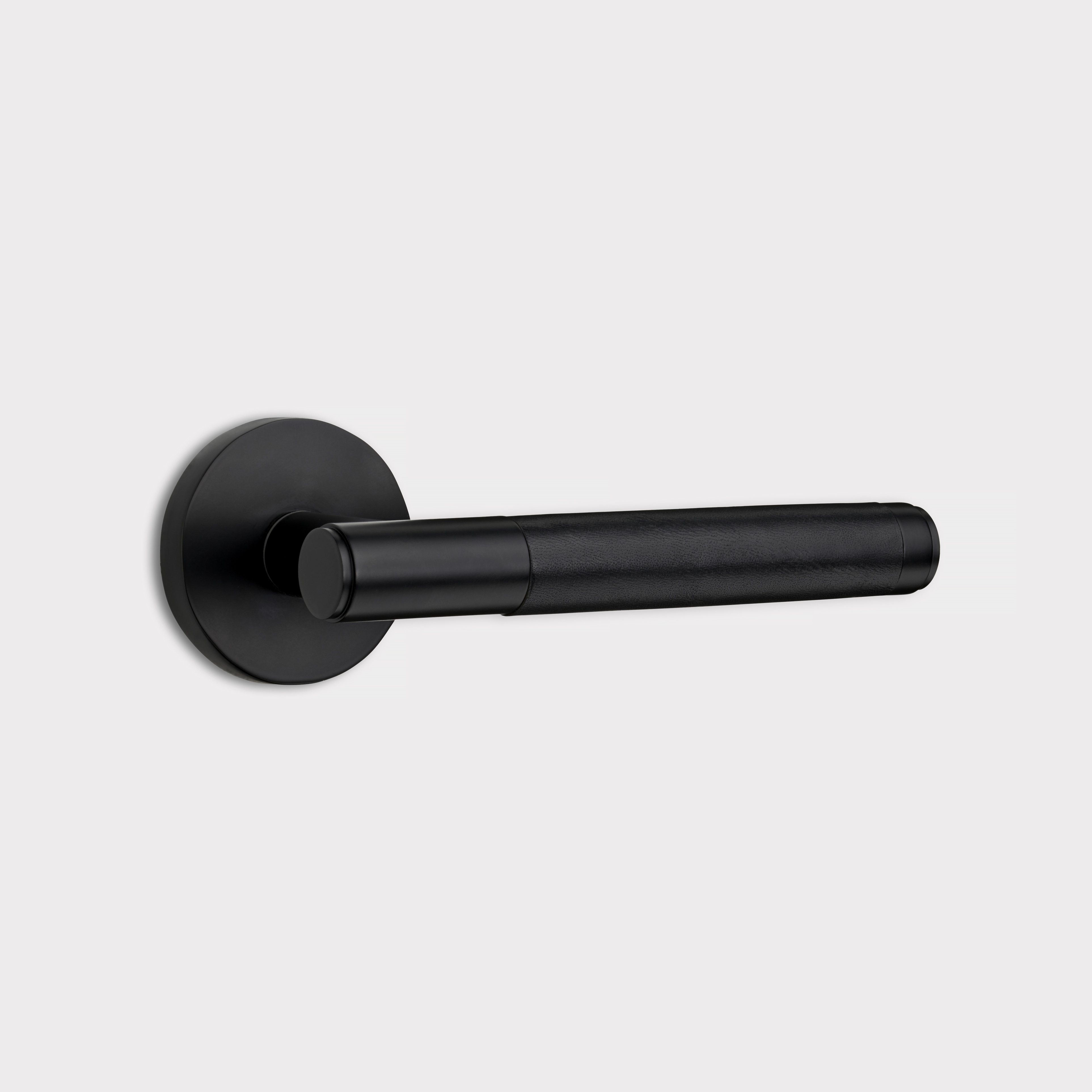 Brass Lever Door Handle in Black and Black Leather