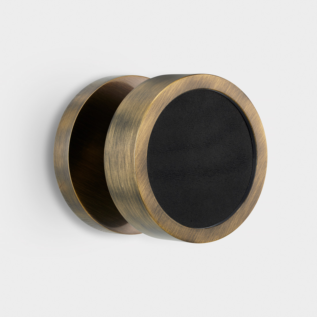 Brass and Black Leather Mortice Door Knob in Antique Gold