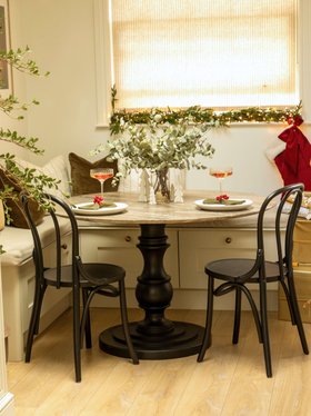 Round Travertine Top Table With Wooden Pedestal Base