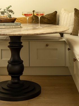 Round Travertine Top Table With Wooden Pedestal Base