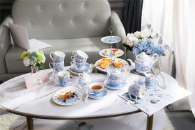 Tea Coffee Family Set for Mothers Day Coronation Party- Cake Stand, Teapot, Milk Jug, Plates, Cups/ Saucers (Blue)