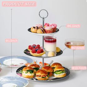 London Boutique 3 Tier Cake Stands Afternoon Tea Cake Stand Plates New Bone China Vintage Flora Gift for Her (Black)