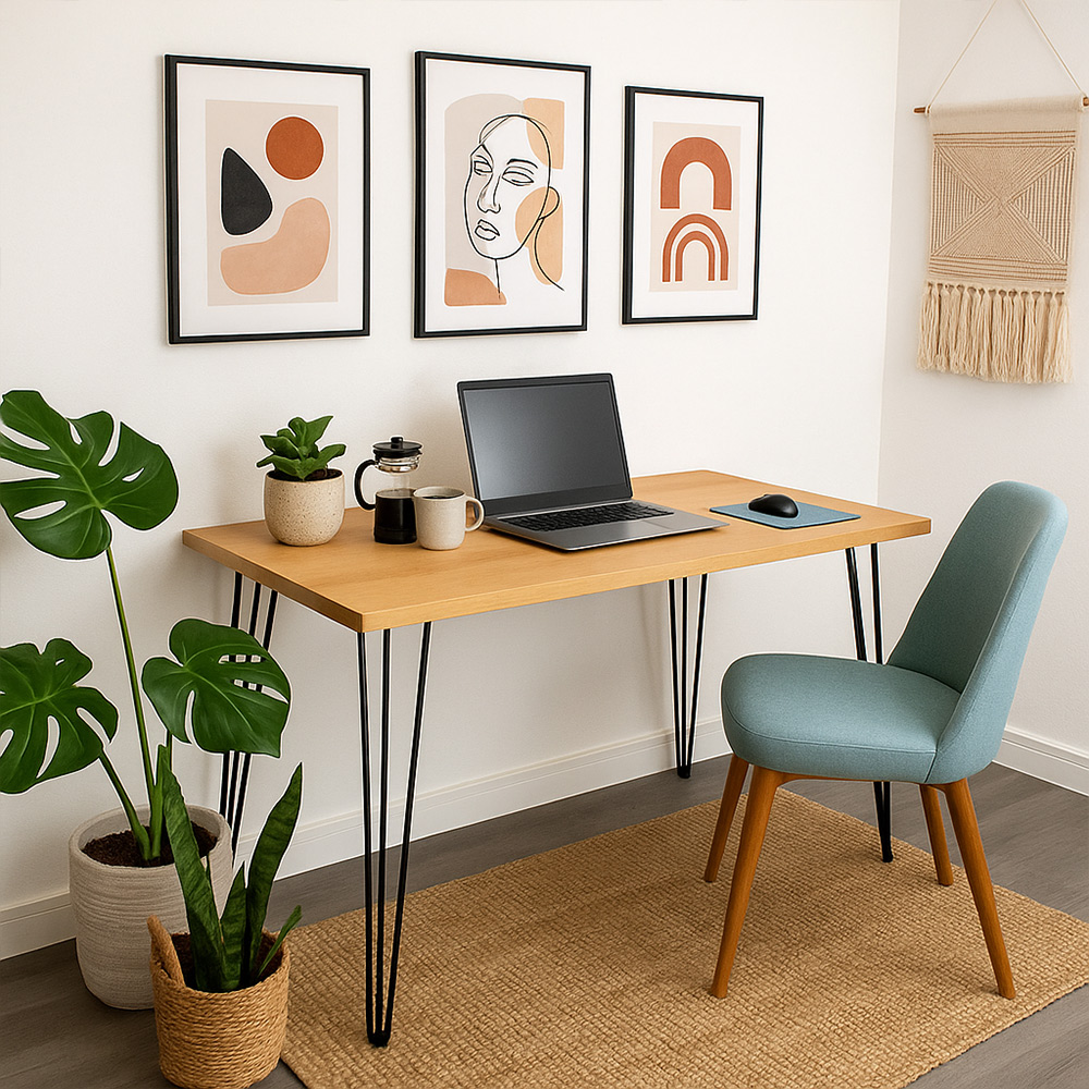 Oak Veneer Desk with Black Hairpin Legs