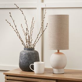 Neutral Sandstone Table Lamp with Tall Linen Lampshade - Modern Lighting for Home Decor 48x17cm