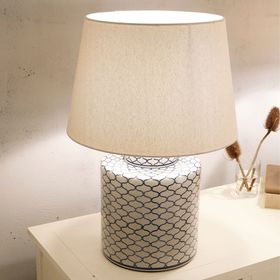 Blue & White Ceramic Table Lamp with Cream Cotton Slub Tapered Shade – Decorative Lattice Pattern Lighting 52x36cm