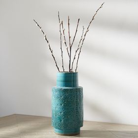 Turquoise Etched Stoneware Cylinder Vase – Modern Geometric Decorative Vase for Home Decor 30.5x15cm