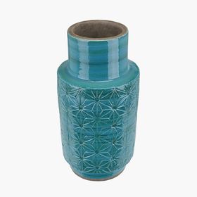 Turquoise Etched Stoneware Cylinder Vase – Modern Geometric Decorative Vase for Home Decor 30.5x15cm