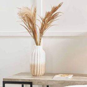 Neutral Scandi Ombre Ribbed Stoneware Vase – Beige & White Textured Decorative Vase for Home Decor 30x15cm