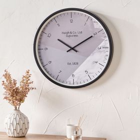 Black Metal Round Wall Clock with Grey Purple and Marble Effect Face & Arabic Numerals 60x5cm