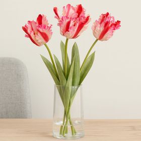 Artificial Pink & Red Parrot Tulip Stem with Lifelike Ruffled Feathered Petals – Realistic Faux Flower 69cm