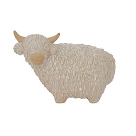 Large Neutral White Ceramic Highland Cow Ornament with Textured Shaggy Coat & Horns – Rustic Farmhouse Decorative Sculpture 17x24x12cm