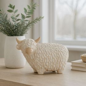 Large Neutral White Ceramic Highland Cow Ornament with Textured Shaggy Coat & Horns – Rustic Farmhouse Decorative Sculpture 17x24x12cm