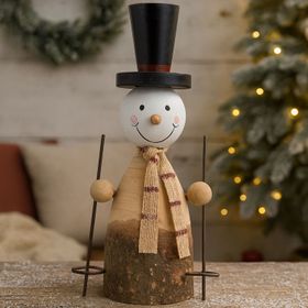Large Rustic Standing Wooden & Metal Snowman Ornament with Top Hat & Ski Poles – Weathered Scandi Festive Christmas Decoration 20x12x6cm