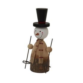 Large Rustic Standing Wooden & Metal Snowman Ornament with Top Hat & Ski Poles – Weathered Scandi Festive Christmas Decoration 20x12x6cm