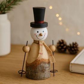 Small Rustic Standing Wooden & Metal Snowman Ornament with Top Hat & Ski Poles – Weathered Scandi Festive Christmas Decoration 15x9x5cm
