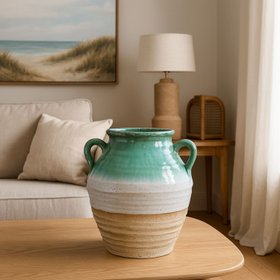 Coastal Green Teal & White Layered Glazed Ceramic Amphora Vase with Side Handles – Rustic Beach-Inspired Stoneware Pot with Sand & Stone-Toned Textured Finish 38x35x35cm