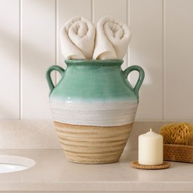 Coastal Green Teal & White Layered Glazed Ceramic Amphora Vase with Side Handles – Rustic Beach-Inspired Stoneware Pot with Sand & Stone-Toned Textured Finish 38x35x35cm