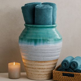 Coastal Green Teal & White Layered Glazed Ceramic Olpe Vase – Rustic Beach-Inspired Stoneware Pot with Sand & Stone-Toned Textured Finish 35x28x28cm