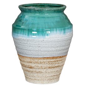 Coastal Green Teal & White Layered Glazed Ceramic Olpe Vase – Rustic Beach-Inspired Stoneware Pot with Sand & Stone-Toned Textured Finish 35x28x28cm